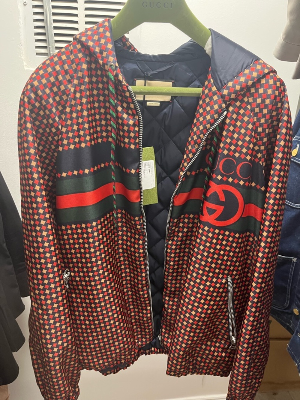 Gucci Men’s Checker Print Hooded Coat Parka Blouson - Picture 4 of 7